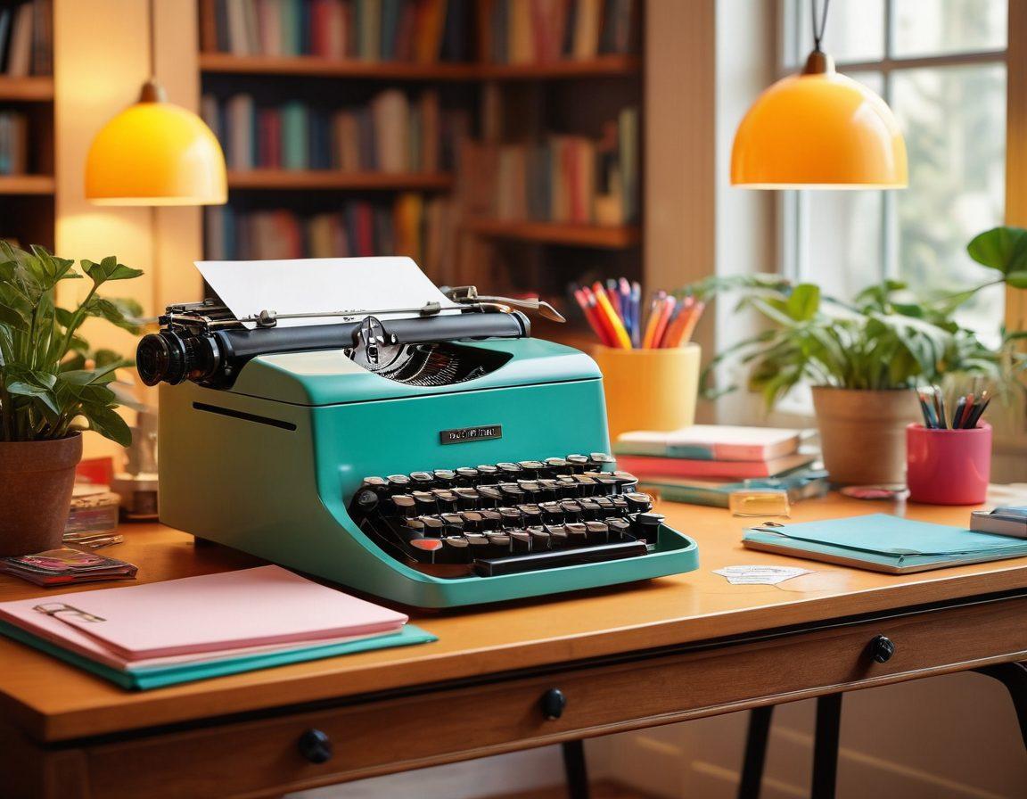 An artistic desk setup featuring a vintage typewriter and a modern laptop, surrounded by colorful stationery and art supplies, illuminated by warm ambient light. Incorporate elements like email icons and creative thought bubbles floating around, symbolizing ideas and communication. The background should have a soft focus of a cozy room filled with bookshelves and plants, creating an inviting writing atmosphere. vibrant colors. 3D. soft lighting.