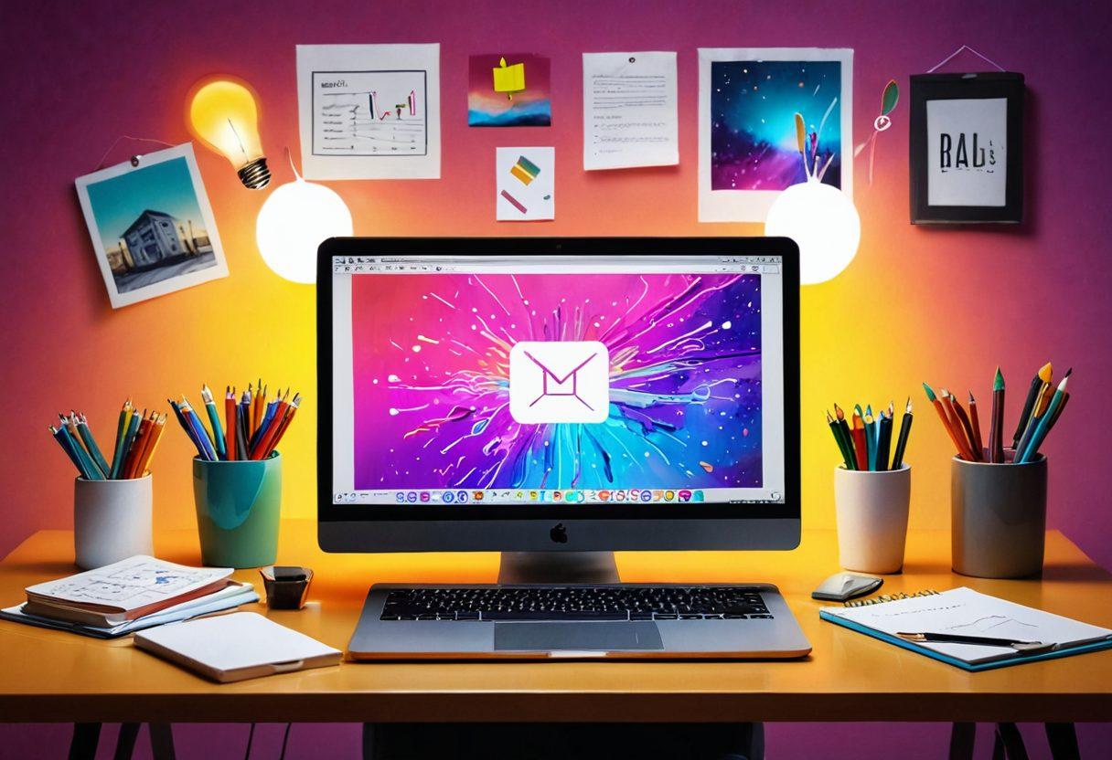 A vibrant digital workspace with a glowing laptop open to a colorful blog page, surrounded by art supplies like paintbrushes and digital tablets. In the background, a whimsical blend of email icons and lightbulbs symbolizing creativity and communication flows through the air. The environment should radiate inspiration, showcasing bright colors against a soft-focus backdrop of a cozy home office. super-realistic. vibrant colors. soft-focus background.